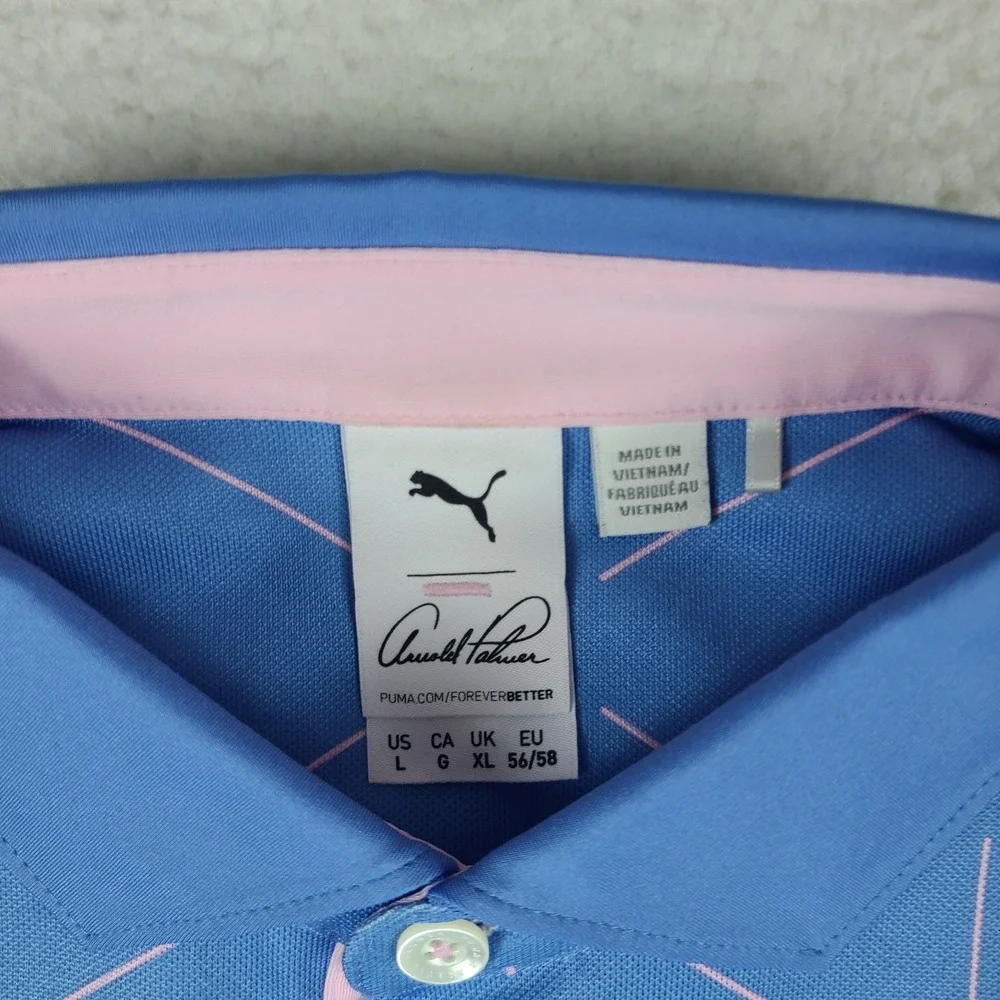 PUMA Arnold Palmer Polo Shirt Mens Large Blue Pink Performance Golf Short Sleeve